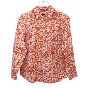 Talbots | Linen Roll Tab Long Sleeve Orange & White Floral Button Up Shirt Small
